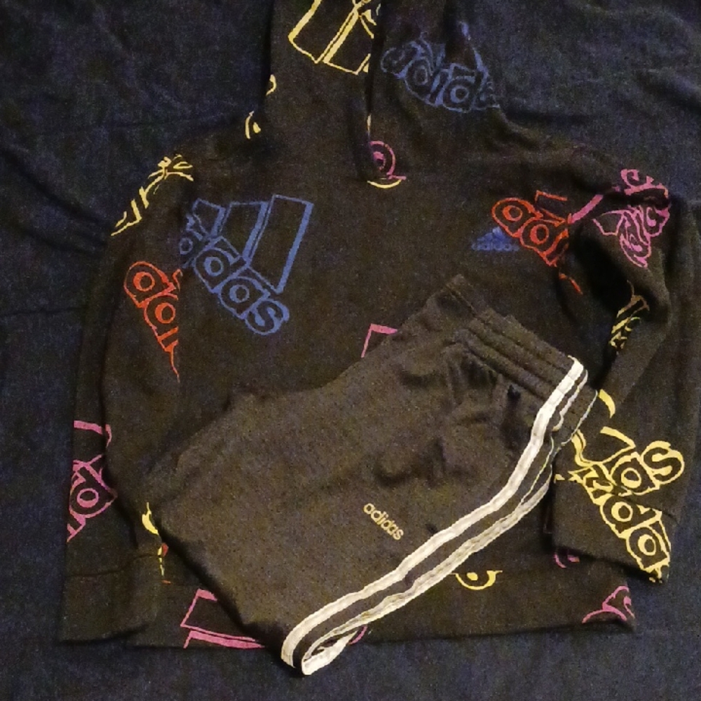 Adidas Black Colorful Logo Hoodie and Adidas Joggers Both Size 8 Boys